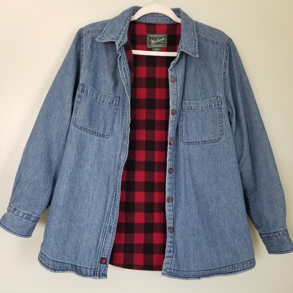 Woolrich Women's Denim Buffalo Black and Red Check Coat Jacket Flannel size Med